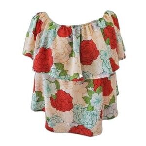 PPLA Blouse Women Small Floral Peasant Ruffle Rose Boho Hippy Top Shirt